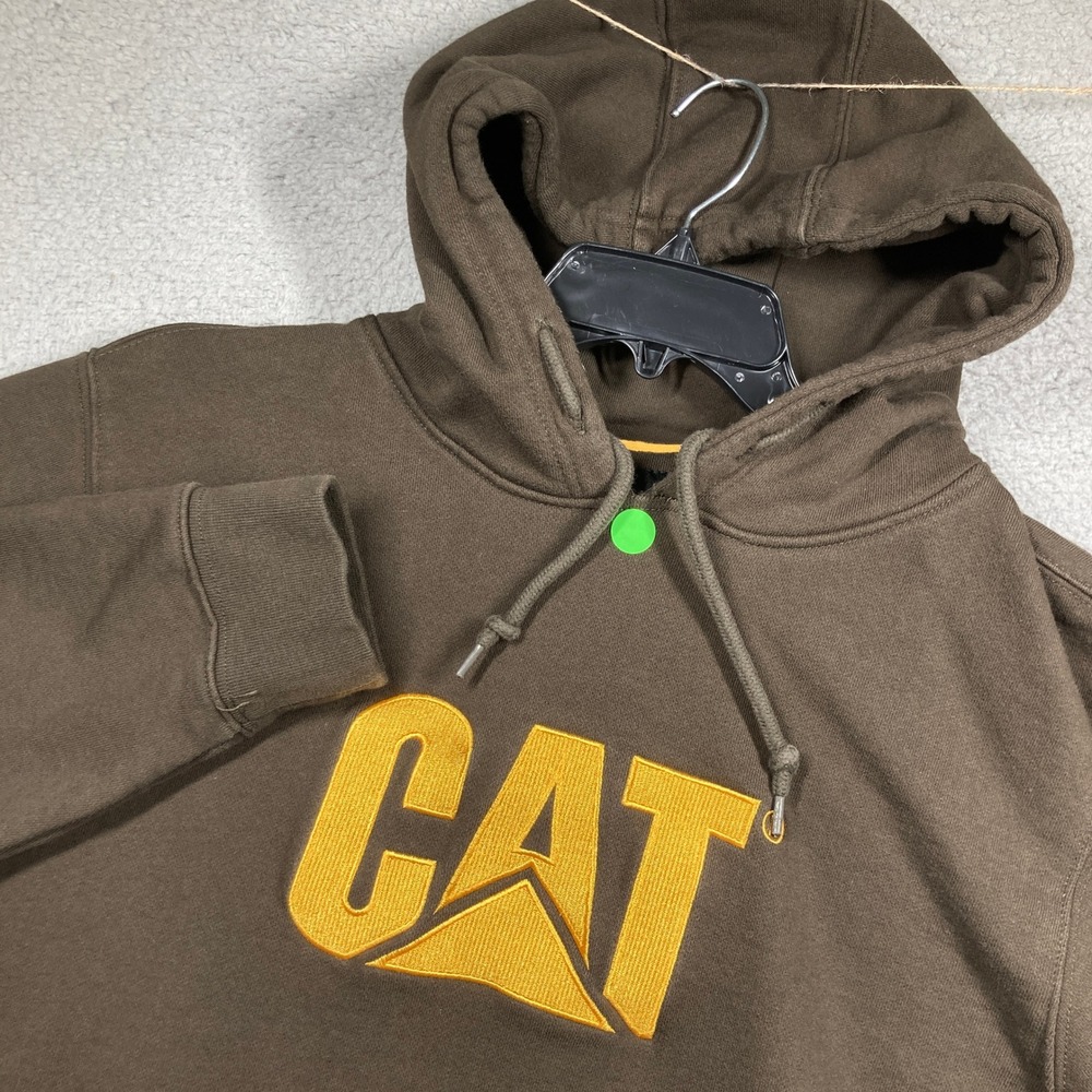 Caterpillar Logo Hoodie Mens XL Brown Embroidered Workwear Fleece Pullover